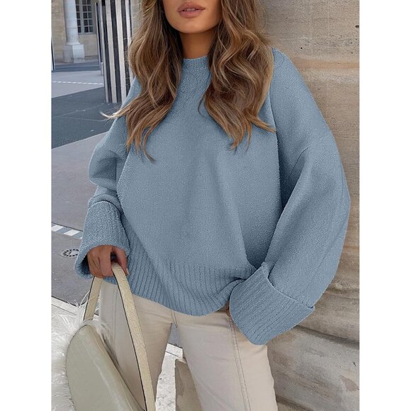 Women's Oversized Sweater Fuzzy Lake Blue Long Sleeve Casual Chunky Pullover - Picture 3 of 8